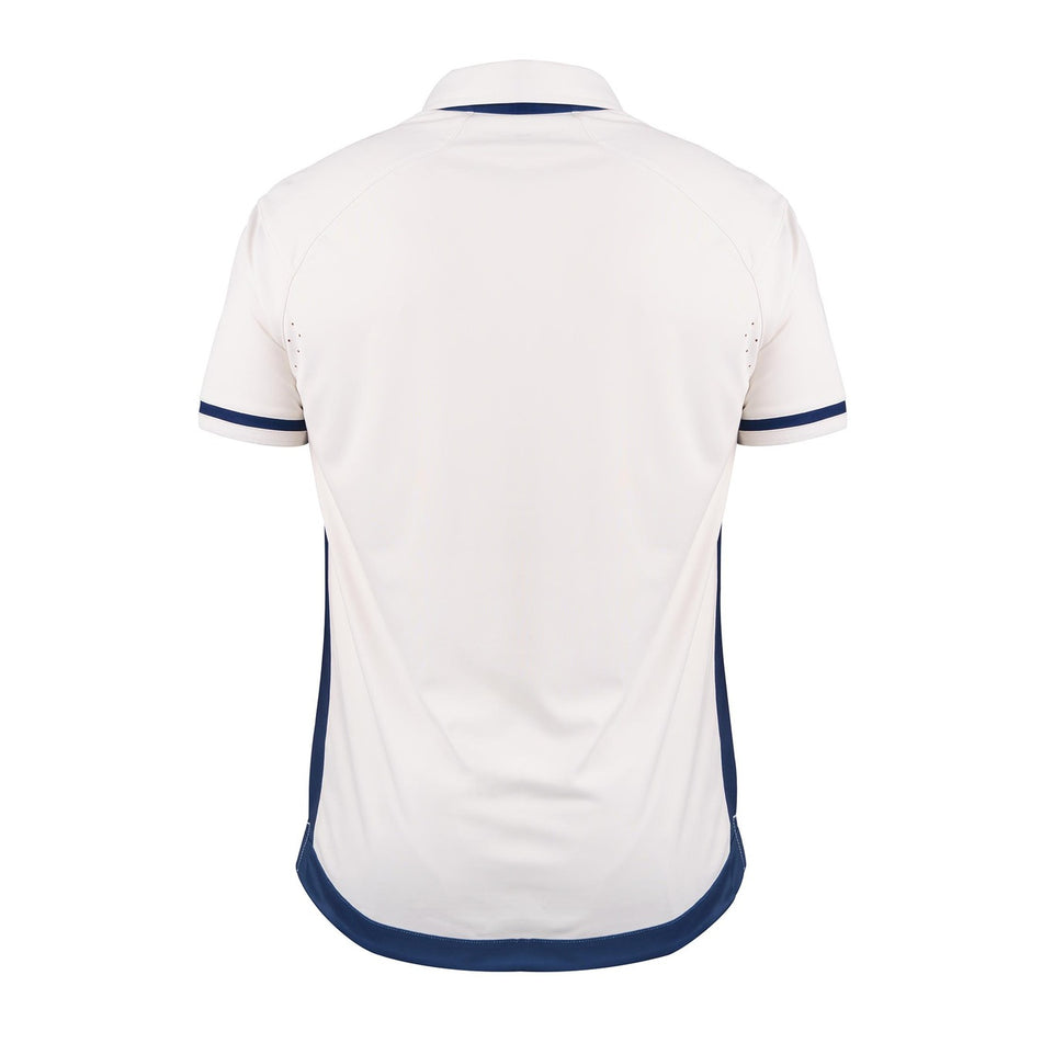 The Gray Nicolls Pro Performance V3 Short Sleeve Shirt, shown from the back, is white with navy trim on the sleeve cuffs, sides, and hem. Featuring a classic collar and moisture-wicking fabric, it's ideal for active days.