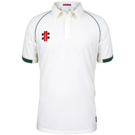 The Bushley CC Matrix V2 Short Sleeve Match Shirt by Gray Nicolls showcases a classic white design with dark green trim on the sleeves and collar, complemented by a small red and black logo on the left chest. Made from breathable, moisture-wicking polyester, this shirt ensures you stay cool and comfortable during every match. Displayed against a simple light background.