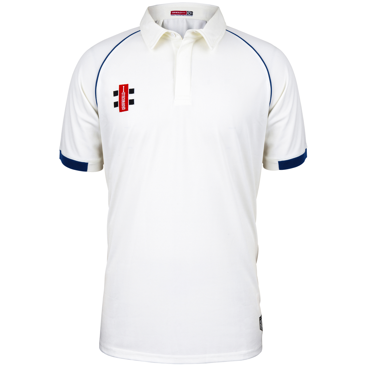 The Gray Nicolls Redmarley CC Junior Short Sleeve Matrix V2 Shirt (Larger Sizes) is a white athletic fit cricket shirt with navy trim, a buttoned placket, moisture-wicking fabric, and features a red and black logo on the left chest.