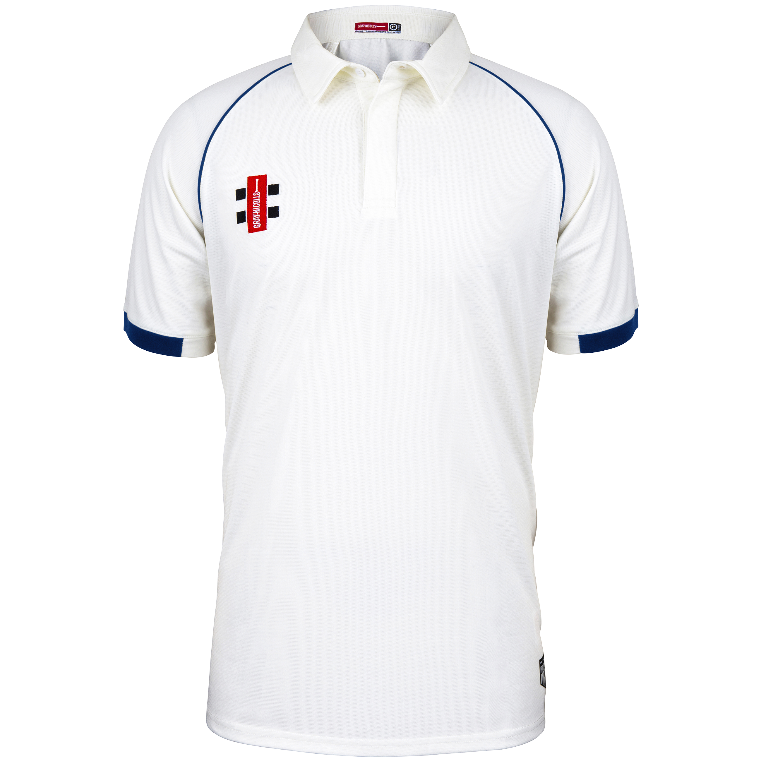 The Gray Nicolls Redmarley CC Junior Short Sleeve Matrix V2 Shirt in smaller sizes is white with navy trim, made from moisture-wicking fabric, and features a red and black logo on the left chest.