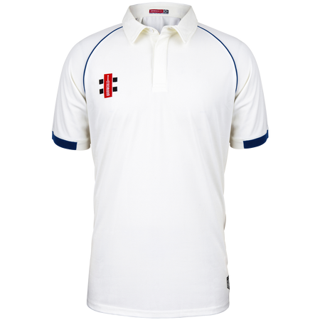 The Gray Nicolls Redmarley CC Junior Short Sleeve Matrix V2 Shirt in smaller sizes is white with navy trim, made from moisture-wicking fabric, and features a red and black logo on the left chest.