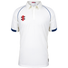 The Gray Nicolls Old Down CC Juniors - Matrix V2 Short Sleeve Match Shirt is a white cricket shirt with dark blue trim and a red/black chest logo—perfect for juniors seeking comfort and style on the field.