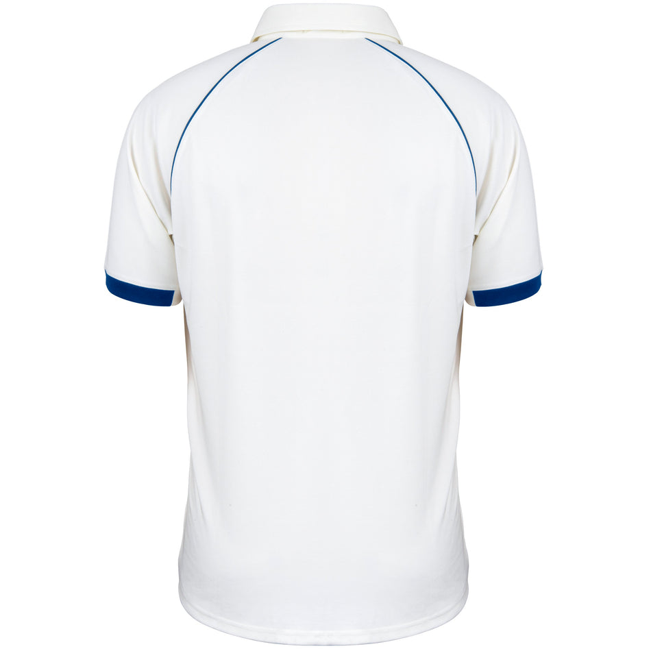 Back view of the Gray Nicolls Old Down CC Juniors - Matrix V2 Short Sleeve Match Shirt: a white, breathable polo with blue trim on the sleeve cuffs, blue piping along the shoulders, collar, and no visible logos or designs.