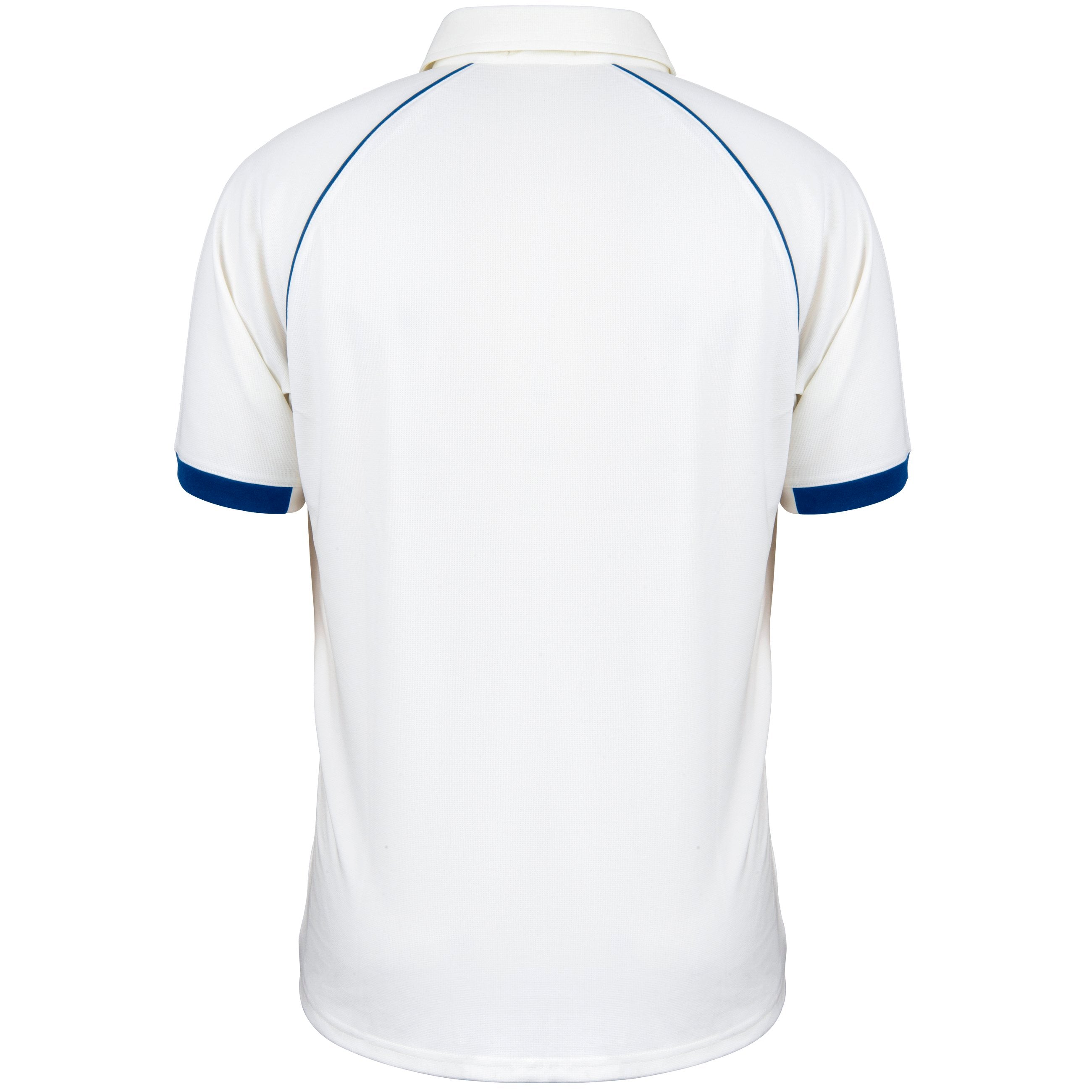 Back view of the Gray Nicolls Old Down CC Juniors - Matrix V2 Short Sleeve Match Shirt: a white, breathable polo with blue trim on the sleeve cuffs, blue piping along the shoulders, collar, and no visible logos or designs.