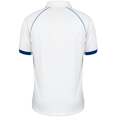 Back view of the Gray Nicolls Old Down CC Juniors - Matrix V2 Short Sleeve Match Shirt: a white, breathable polo with blue trim on the sleeve cuffs, blue piping along the shoulders, collar, and no visible logos or designs.
