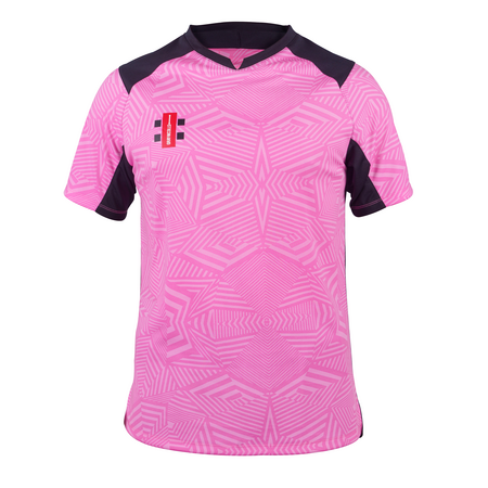 The Gray Nicolls Pro T20 Match Shirts 12 Pack with Logo features short sleeves, anti-UV fabric, geometric patterns, black shoulder and sleeve accents, and a small red, black, and white club logo on the left chest.