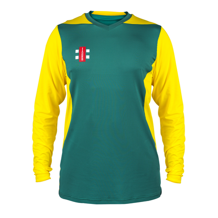 The Gray Nicolls T20 Match Shirts 12 Pack with Logo features long sleeves, a green front, yellow sleeves, a red and white Gray Nicolls logo on the left chest, and a small v-neck collar.