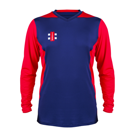 The Gray Nicolls T20 Match Shirts 12 Pack features long-sleeved blue shirts with red sleeves and a small rectangular club logo with white text and symbol on the left chest.