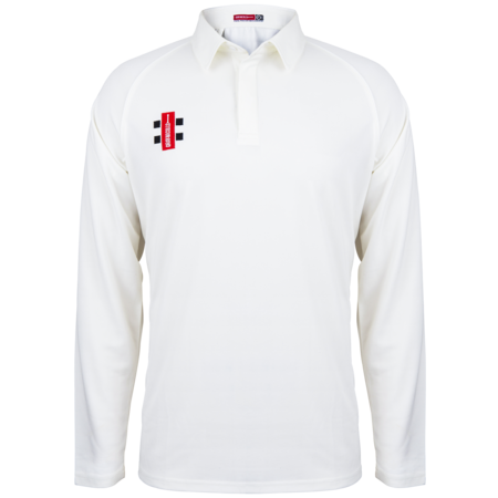 The Alvington & Woolaston CC Matrix V2 Long Sleeve Cricket Shirt by Martin Berrill Sports is a white, collared cricket shirt with a short button placket and small red and black chest logo. Made from moisture-wicking fabric, it’s shown on a plain white background.
