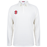 The Alvington & Woolaston CC Matrix V2 Long Sleeve Cricket Shirt by Martin Berrill Sports is a white, collared cricket shirt with a short button placket and small red and black chest logo. Made from moisture-wicking fabric, it’s shown on a plain white background.