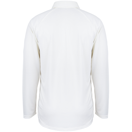 The Alvington & Woolaston CC Matrix V2 Long Sleeve Cricket Shirt by Martin Berrill Sports is shown from the back, plain white with a simple collar and no visible logos or patterns, offering moisture wicking comfort.