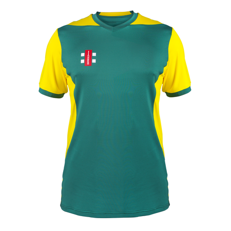 The Gray Nicolls T20 Match Shirts 12 Pack with Logo features a green body, yellow sleeves and sides, green collar and cuffs, and a red and white club logo on the left chest.