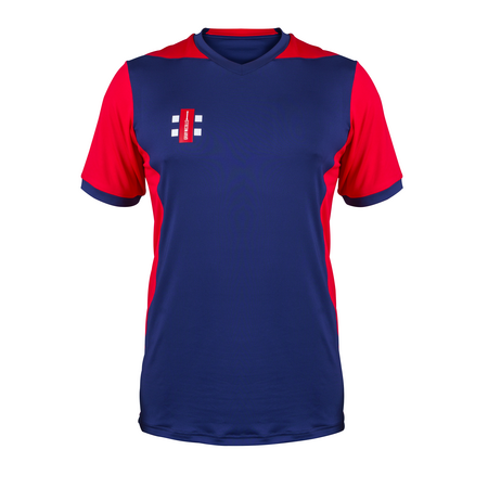 The Gray Nicolls T20 Match Shirts 12 Pack with Logo features short-sleeve jerseys with a navy front, red sleeves and sides, plus a red-striped club logo on the upper left chest.