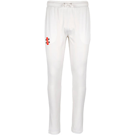 The Gray Nicolls Winchcombe Pro Performance Cricket Trousers are slim-fit white joggers with an elastic waistband, drawstring, and a red, white, and black logo on the left thigh. They provide moisture management for top sportswear comfort.