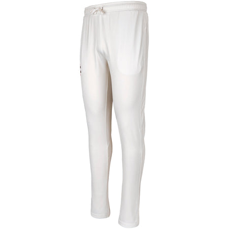 The Gray Nicolls Winchcombe Pro Performance Cricket Trousers are white slim-fit athletic pants with an elastic waistband, drawstring, subtle thigh logo, and moisture-wicking for comfort—ideal for cricket players.