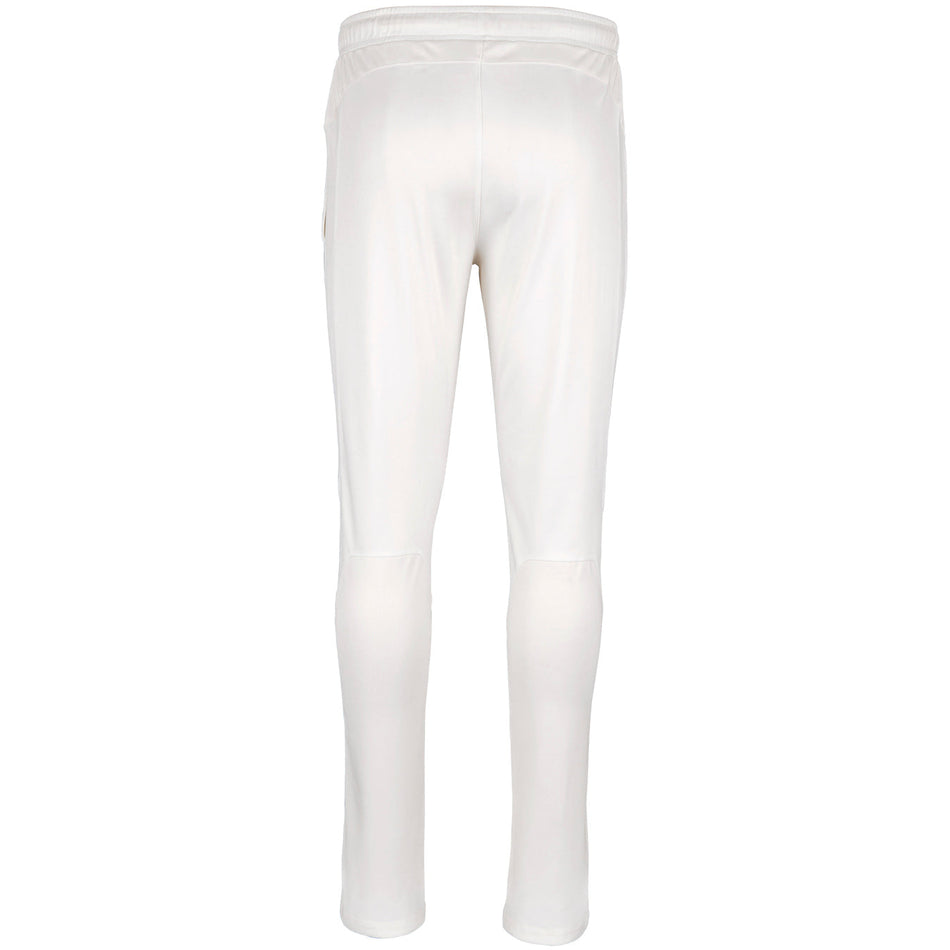 Back view of Gray Nicolls Arcadians Nine Elms CC Pro Performance Cricket Trousers in white, with elastic waistband and advanced moisture management, shown against a plain white background.