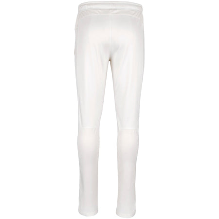 Back view of Gray Nicolls Afghan Youth Cricket Bristol CC Pro Performance Cricket Trousers in white, featuring an elastic waistband and slim fit—ideal for Afghan youth cricket players, shown on a plain white background.