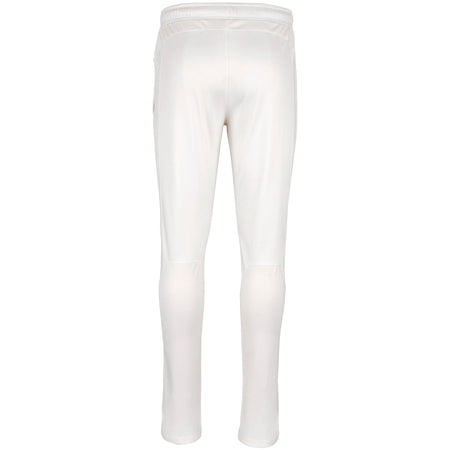Back view of Gray Nicolls Winchcombe Pro Performance Cricket Trousers in plain white, featuring an elastic waistband, slim fit, and moisture management, perfect for performance sportswear, shown on a white background.