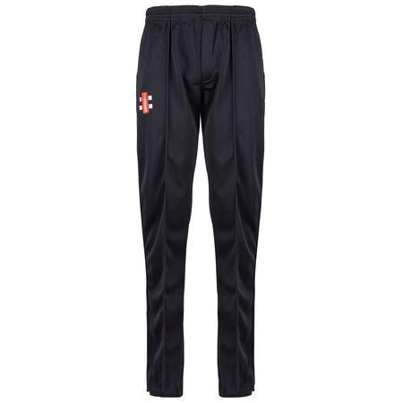 The Gray Nicolls Matrix V2 Match Trousers are black athletic track pants featuring an elastic waistband, straight-leg design, and a small red, white, and black logo on the upper left thigh. Inspired by Matrix V2 cricket trousers.