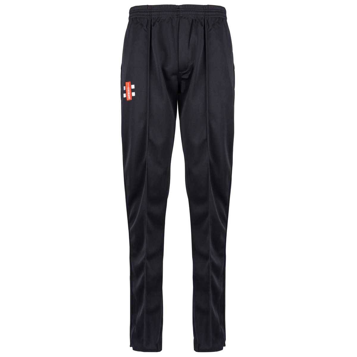 The Lydney CC Matrix V2 Black Match Trousers by Gray Nicolls are black athletic pants with an elastic waistband, drawstring, straight-leg fit, visible stitching, and a red and white rectangular logo on the upper left thigh.