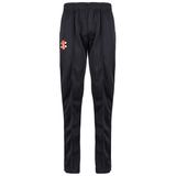 The Lydney CC Matrix V2 Black Match Trousers by Gray Nicolls are black athletic pants with an elastic waistband, drawstring, straight-leg fit, visible stitching, and a red and white rectangular logo on the upper left thigh.