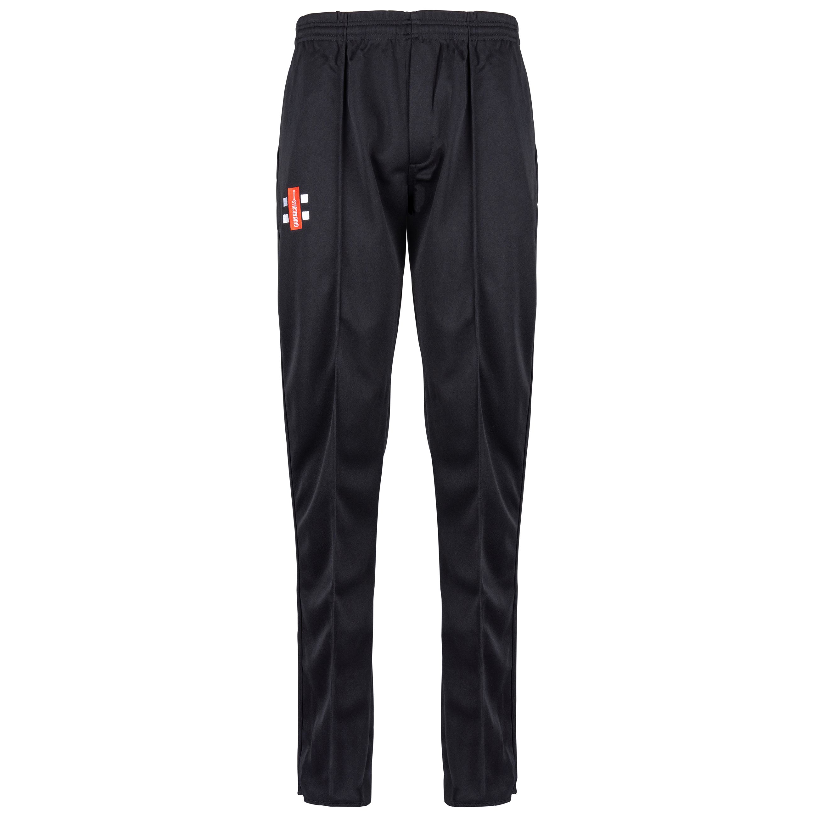 The Lydney CC Matrix V2 Black Match Trousers by Gray Nicolls are black athletic pants with an elastic waistband, drawstring, straight-leg fit, visible stitching, and a red and white rectangular logo on the upper left thigh.