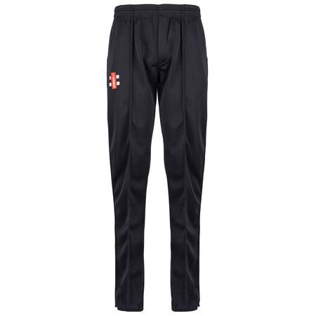 The Lydney CC Matrix V2 Black Match Trousers by Gray Nicolls are black athletic pants with an elastic waistband, drawstring, straight-leg fit, visible stitching, and a red and white rectangular logo on the upper left thigh.