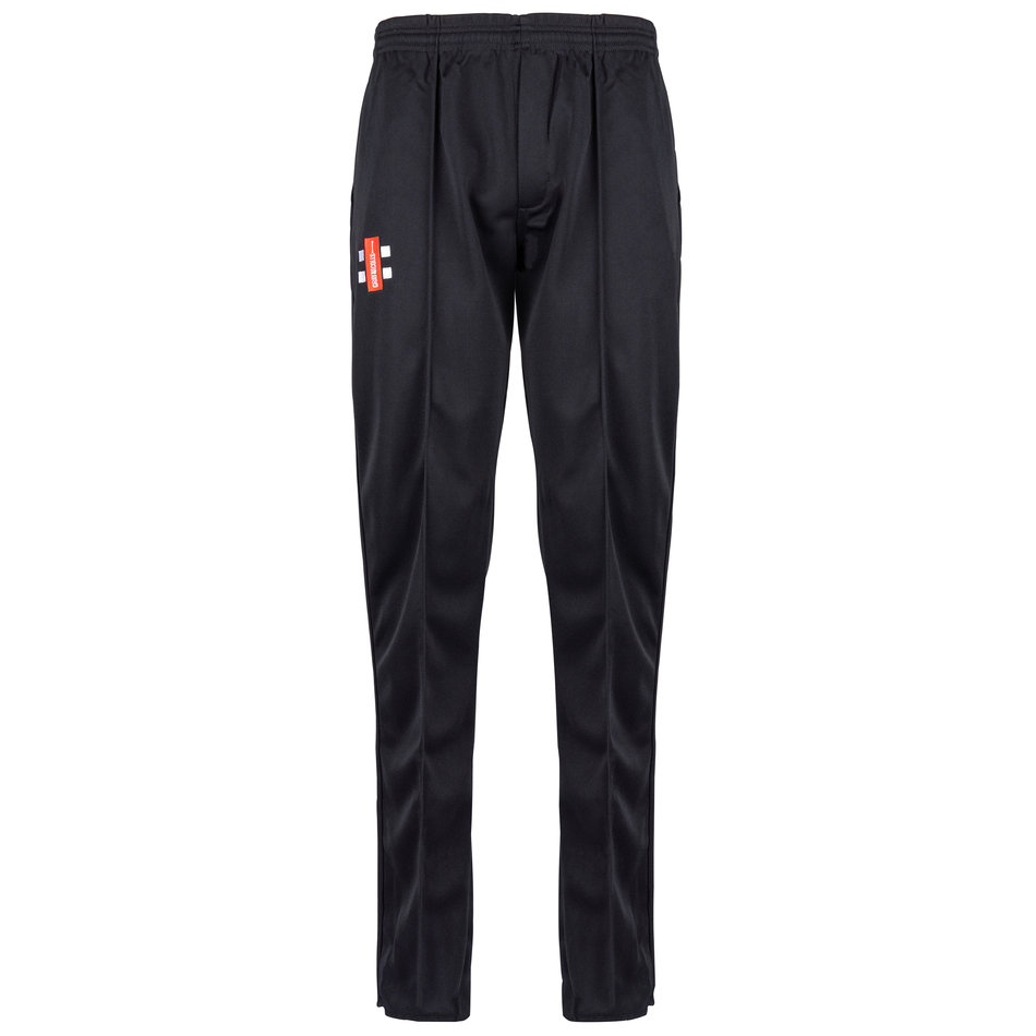 The Lydney CC Matrix V2 Black Match Trousers by Gray Nicolls are black athletic pants with an elastic waistband, drawstring, straight-leg fit, visible stitching, and a red and white rectangular logo on the upper left thigh.