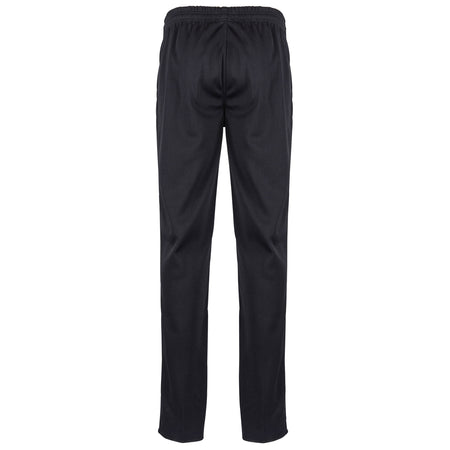 Back view of Gray Nicolls Lydney CC Matrix V2 Black Match Trousers featuring an elastic waistband and straight legs—ideal for cricket fans seeking comfort and style, with no visible pockets or designs.
