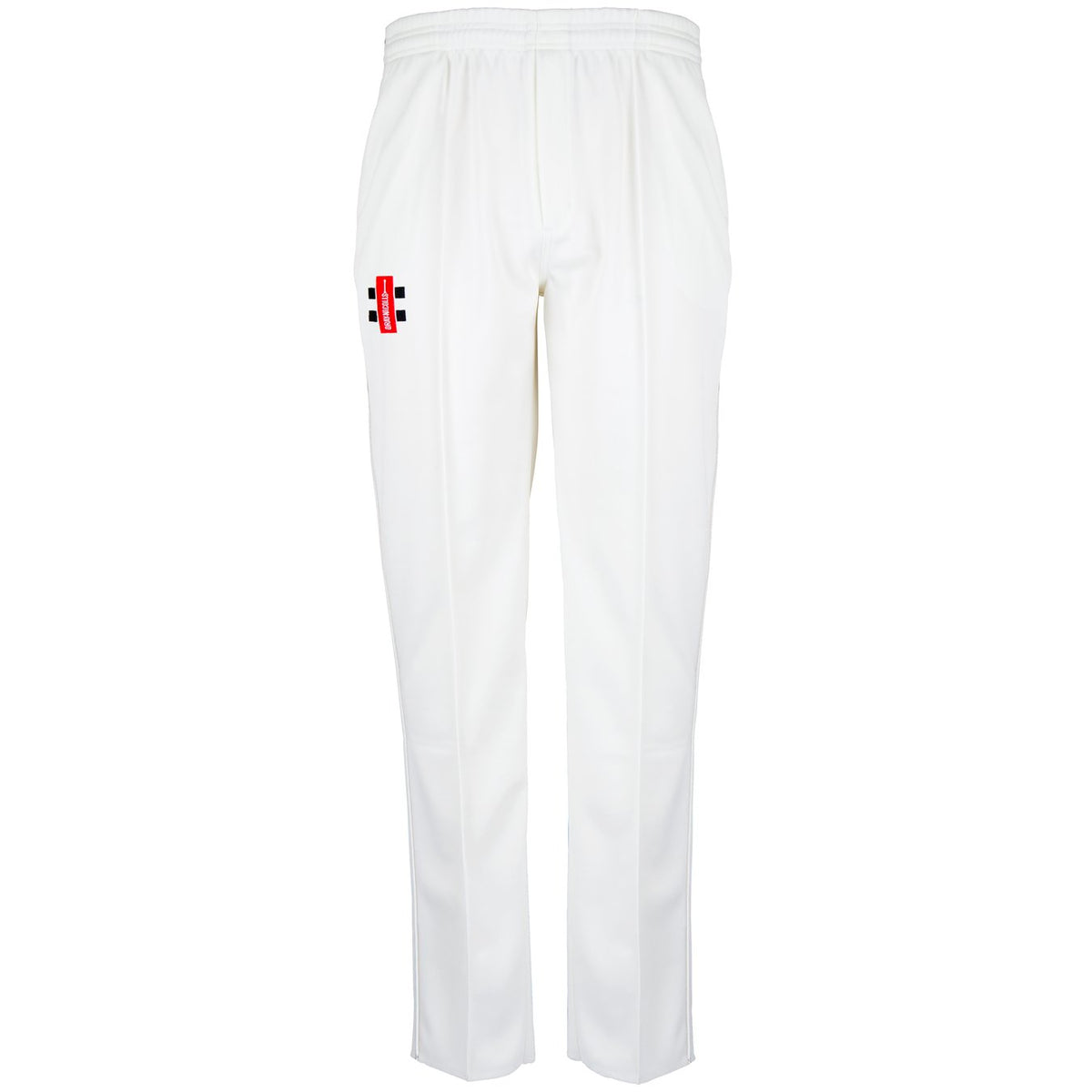 The Bushley CC Matrix V2 Cricket Trousers by Gray Nicolls are white, feature a tapered fit, elastic waistband, and a red, black, and white logo on the upper left thigh. Designed for field comfort with moisture control technology.