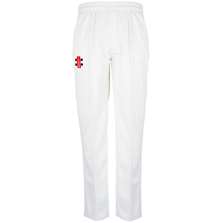 The Bushley CC Matrix V2 Cricket Trousers by Gray Nicolls are white, feature a tapered fit, elastic waistband, and a red, black, and white logo on the upper left thigh. Designed for field comfort with moisture control technology.