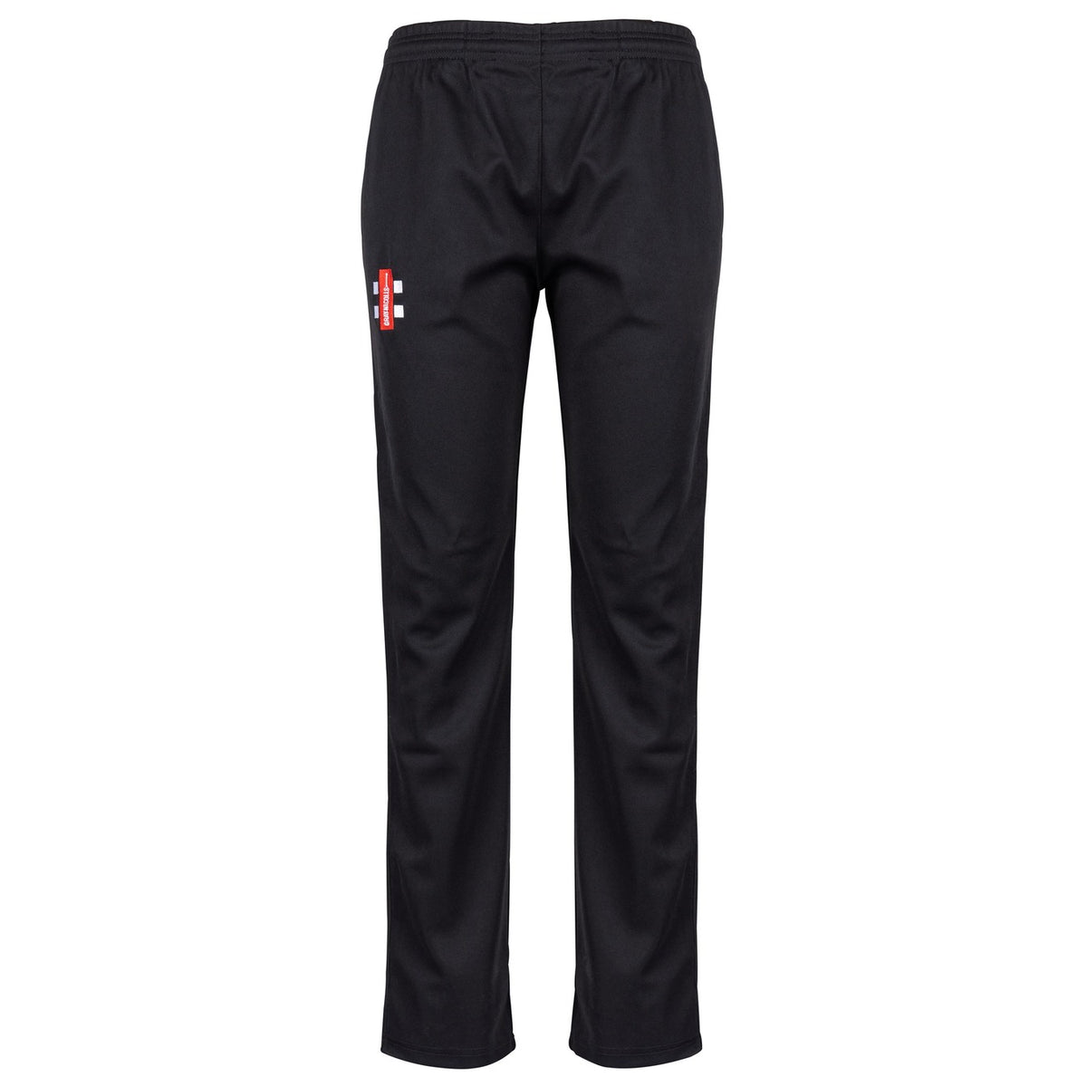 The Gray Nicolls Bushley CC Matrix V2 Ladies T20 Trousers in black feature a relaxed fit, elastic waistband, and a small red and white logo on the upper left thigh. These polyester sports trousers are shown against a plain white background.