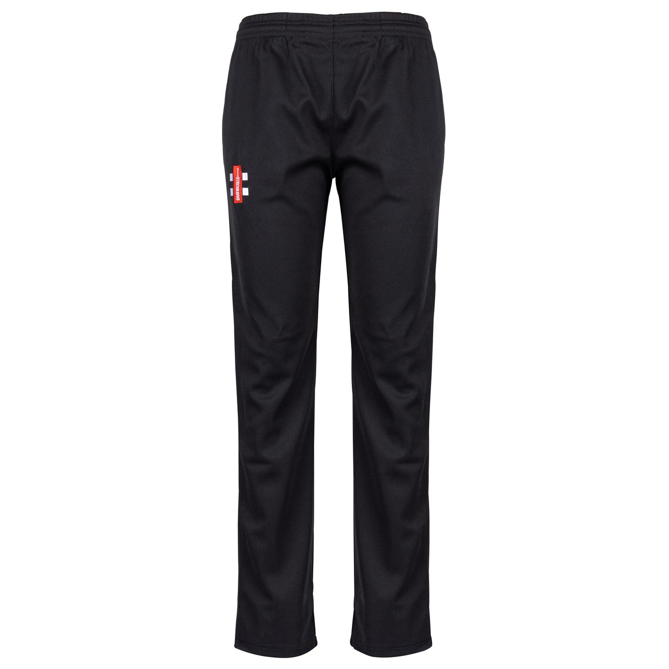 The Gray Nicolls Bushley CC Matrix V2 Ladies T20 Trousers in black feature a relaxed fit, elastic waistband, and a small red and white logo on the upper left thigh. These polyester sports trousers are shown against a plain white background.