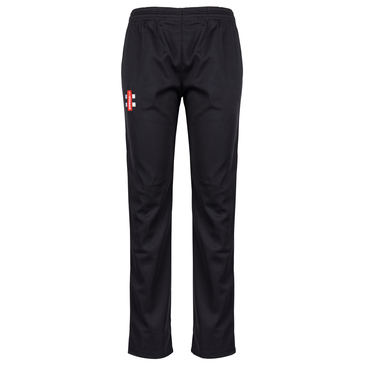 The Gray Nicolls Matrix V2 Ladies Trousers feature a black athletic design with an elastic waistband and a small red and white logo on the left thigh, providing comfort and style for women's cricket. Displayed on a plain white background.