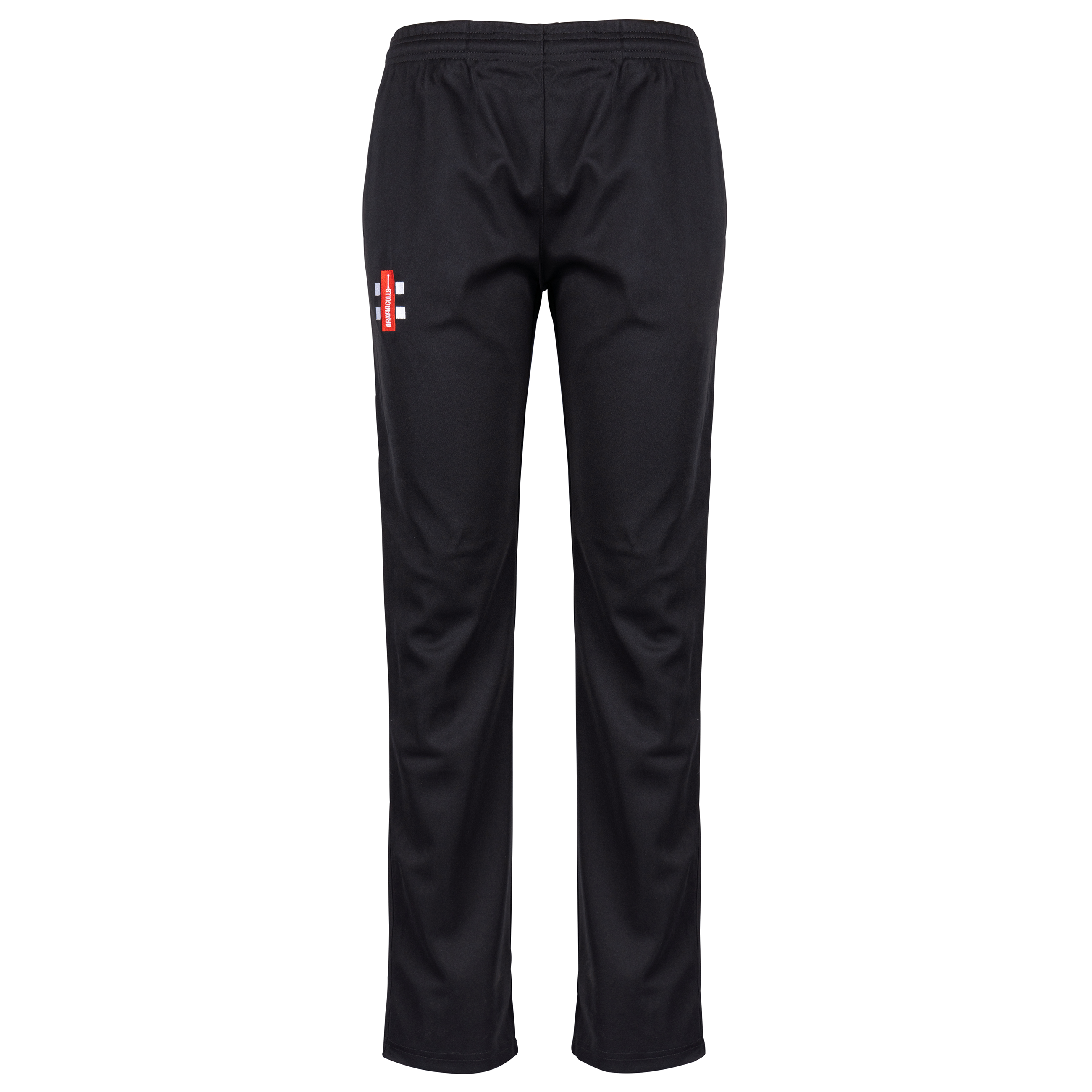 The Gray Nicolls Matrix V2 Ladies Trousers feature a black athletic design with an elastic waistband and a small red and white logo on the left thigh, providing comfort and style for women's cricket. Displayed on a plain white background.