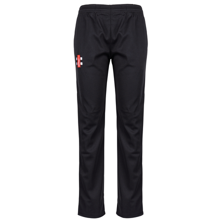 The Gray Nicolls Matrix V2 Ladies Trousers feature a black athletic design with an elastic waistband and a small red and white logo on the left thigh, providing comfort and style for women's cricket. Displayed on a plain white background.