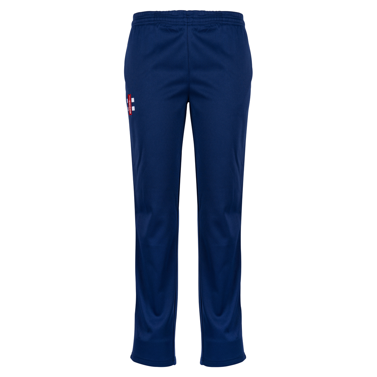 Gray Nicolls Matrix V2 Ladies Trousers in navy blue feature an elastic waistband and a small white and red logo on the upper left thigh. Durable and stylish, these Gray Nicolls trousers are designed for comfort on the cricket field.