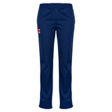 Gray Nicolls Matrix V2 Ladies Trousers in navy blue feature an elastic waistband and a small white and red logo on the upper left thigh. Durable and stylish, these Gray Nicolls trousers are designed for comfort on the cricket field.