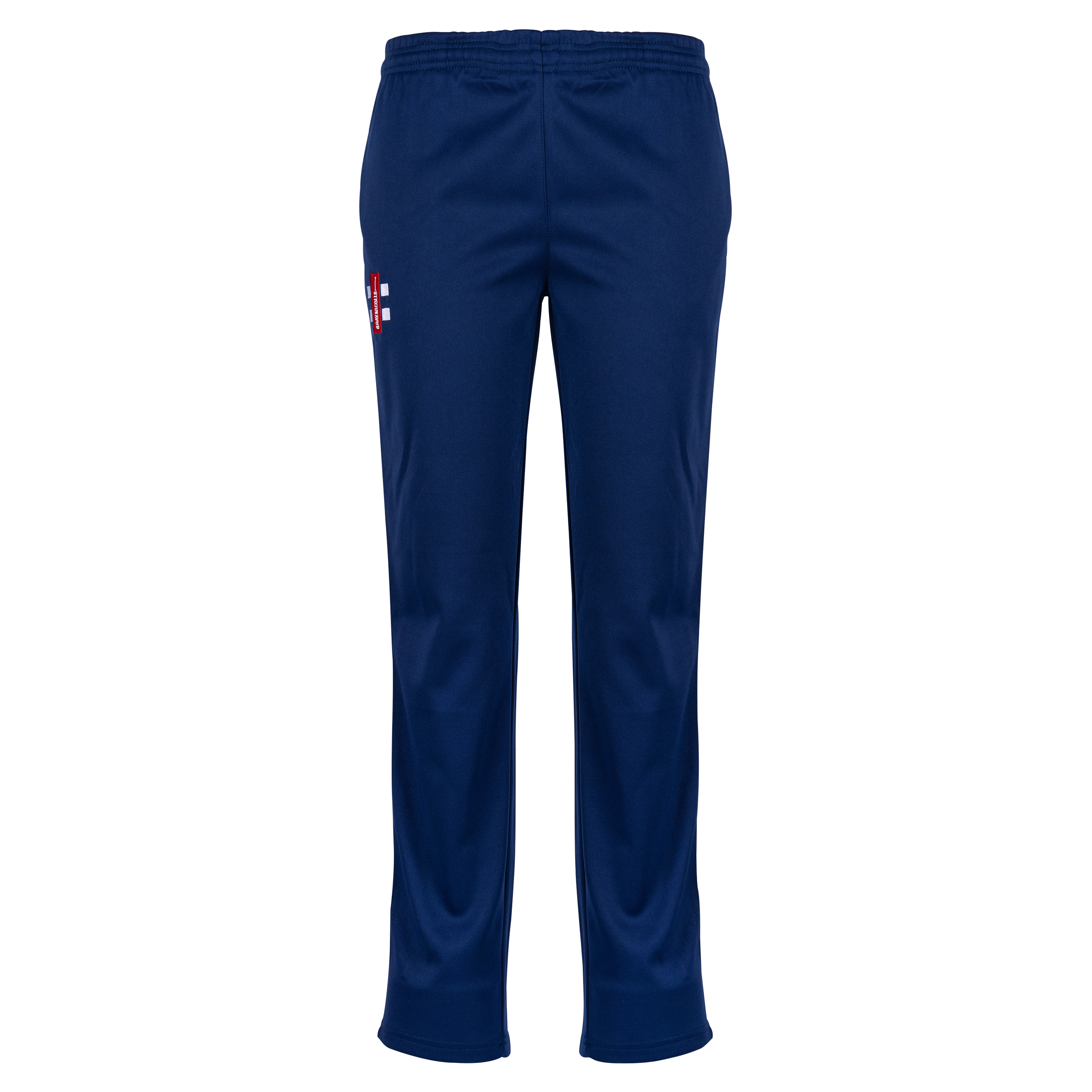 Gray Nicolls Matrix V2 Ladies Trousers in navy blue feature an elastic waistband and a small white and red logo on the upper left thigh. Durable and stylish, these Gray Nicolls trousers are designed for comfort on the cricket field.