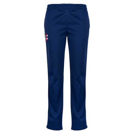 Gray Nicolls Matrix V2 Ladies Trousers in navy blue feature an elastic waistband and a small white and red logo on the upper left thigh. Durable and stylish, these Gray Nicolls trousers are designed for comfort on the cricket field.