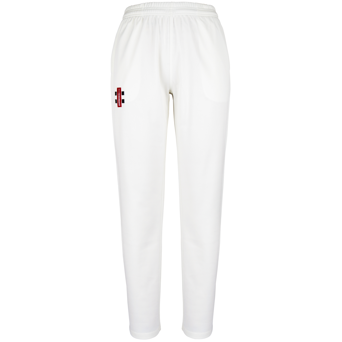 Gray Nicolls Matrix V2 Ladies Trousers feature an elastic waistband and a small red and black rectangular Gray Nicolls logo on the upper left thigh, shown on a plain white background—ideal durable cricket trousers for women.