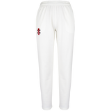 Gray Nicolls Matrix V2 Ladies Trousers feature an elastic waistband and a small red and black rectangular Gray Nicolls logo on the upper left thigh, shown on a plain white background—ideal durable cricket trousers for women.