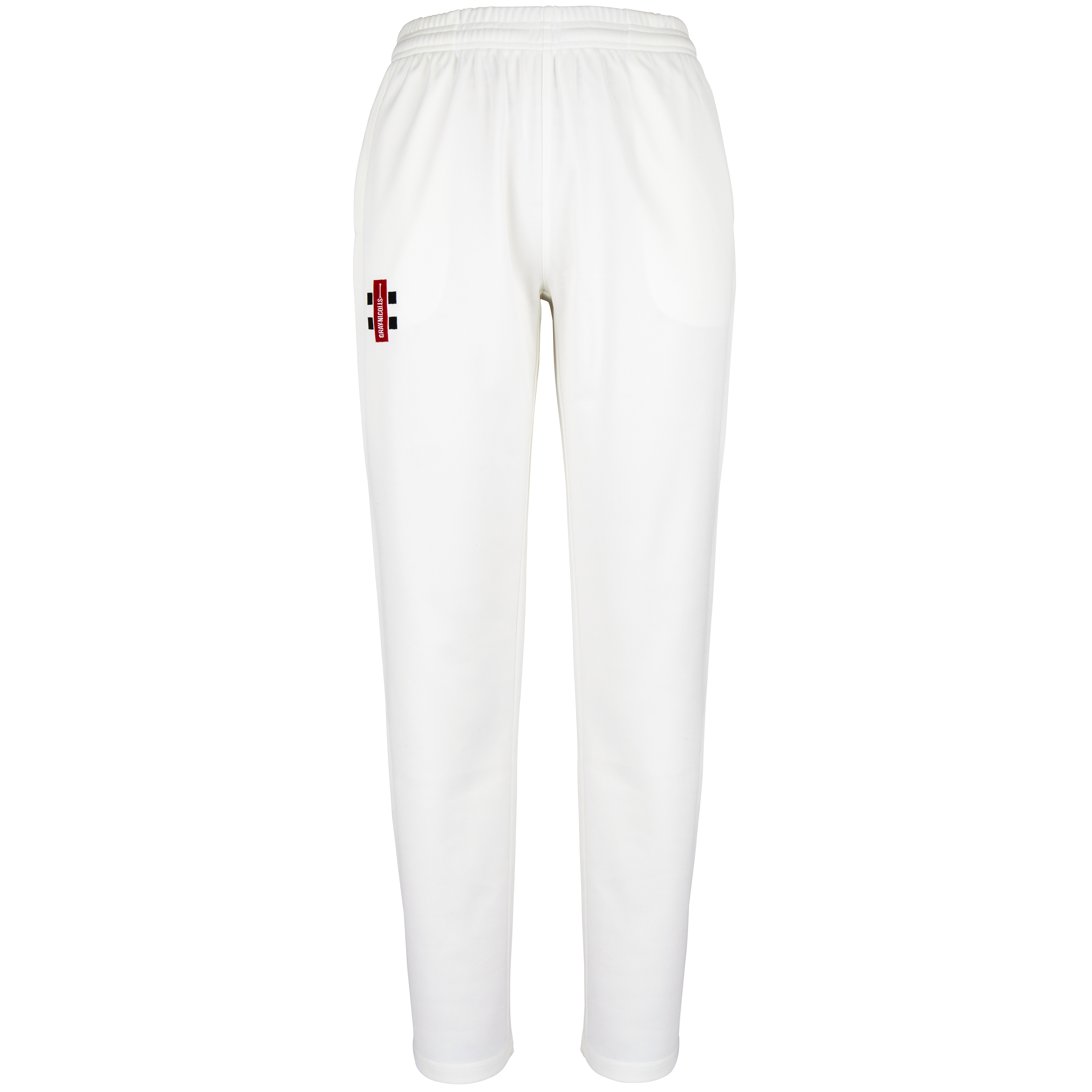 Gray Nicolls Matrix V2 Ladies Trousers feature an elastic waistband and a small red and black rectangular Gray Nicolls logo on the upper left thigh, shown on a plain white background—ideal durable cricket trousers for women.