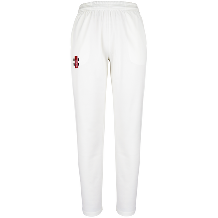 Gray Nicolls Matrix V2 Ladies Trousers feature an elastic waistband and a small red and black rectangular Gray Nicolls logo on the upper left thigh, shown on a plain white background—ideal durable cricket trousers for women.