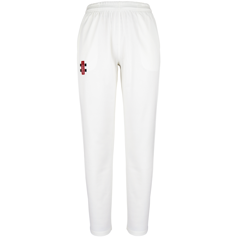 Gray Nicolls Matrix V2 Ladies Trousers feature an elastic waistband and a small red and black rectangular Gray Nicolls logo on the upper left thigh, shown on a plain white background—ideal durable cricket trousers for women.