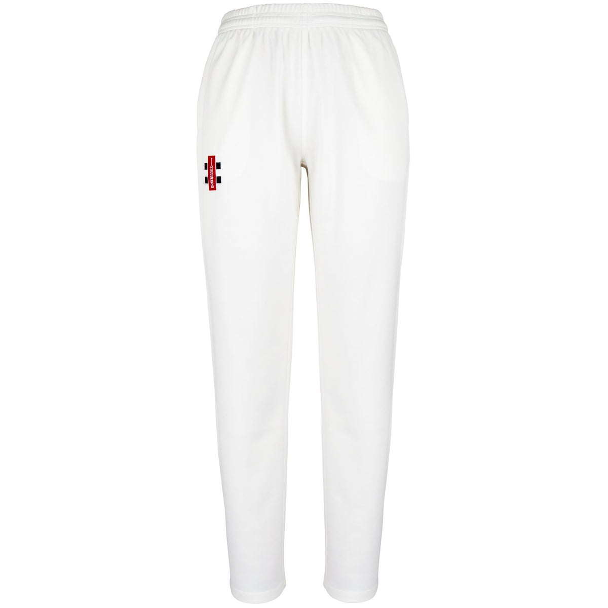The Gray Nicolls Hatherley & Reddings CC Matrix V2 Cricket Trouser features an elastic waistband, tapered fit, and moisture control for comfort. A small red and black rectangular logo appears on the upper left thigh.