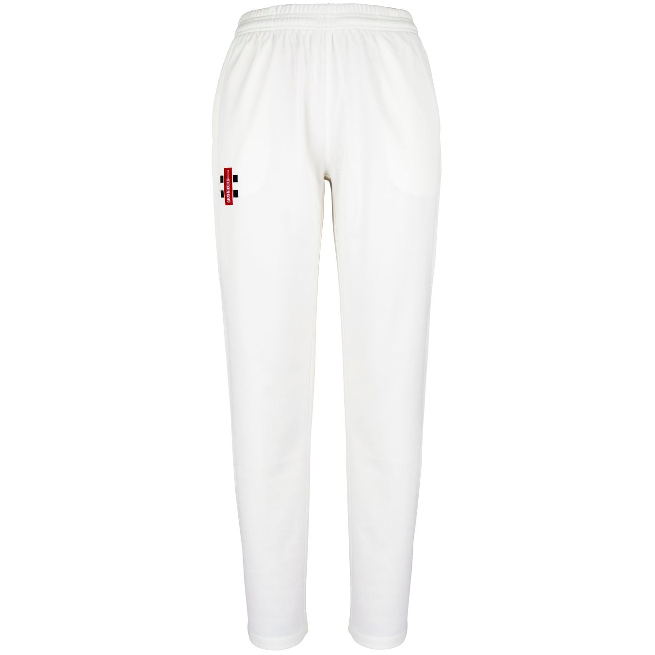 The Gray Nicolls Hatherley & Reddings CC Matrix V2 Cricket Trouser features an elastic waistband, tapered fit, and moisture control for comfort. A small red and black rectangular logo appears on the upper left thigh.