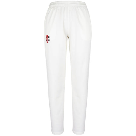 The Gray Nicolls Hatherley & Reddings CC Matrix V2 Cricket Trouser features an elastic waistband, tapered fit, and moisture control for comfort. A small red and black rectangular logo appears on the upper left thigh.
