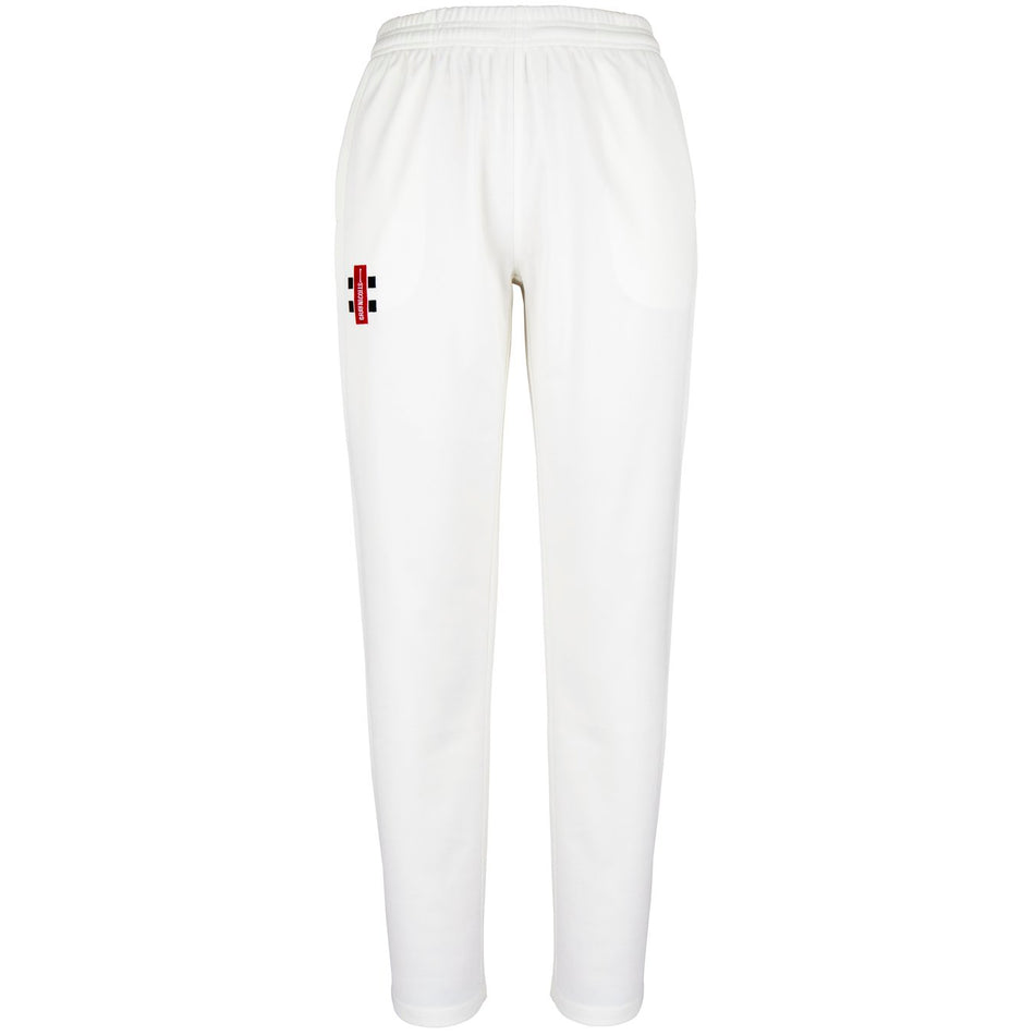 The Gray Nicolls Hatherley & Reddings CC Matrix V2 Cricket Trouser features an elastic waistband, tapered fit, and moisture control for comfort. A small red and black rectangular logo appears on the upper left thigh.