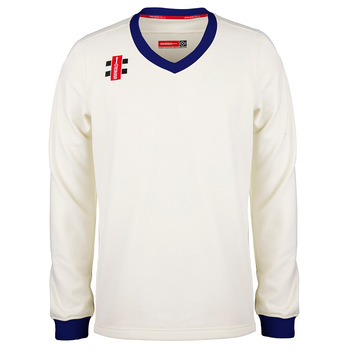 The Gray Nicolls Arcadians Nine Elms CC Pro Performance Sweater features long sleeves, an off-white design with a blue V-neck collar and cuffs, red labels, and a small black logo—perfect for cricket fans of Nine Elms CC.